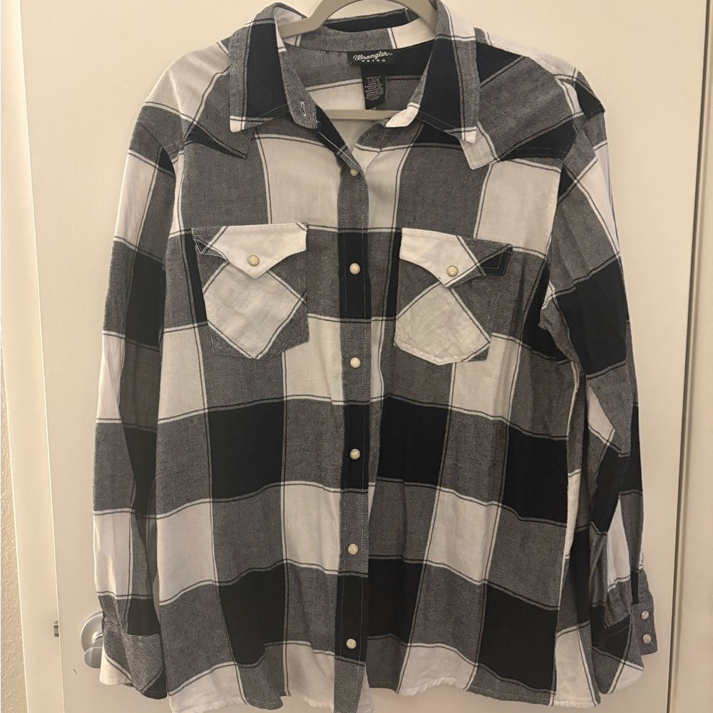 Wrangler Black and White Buffalo Plaid Western Snap Up Flannel Shirt SZ L - Picture 2 of 7